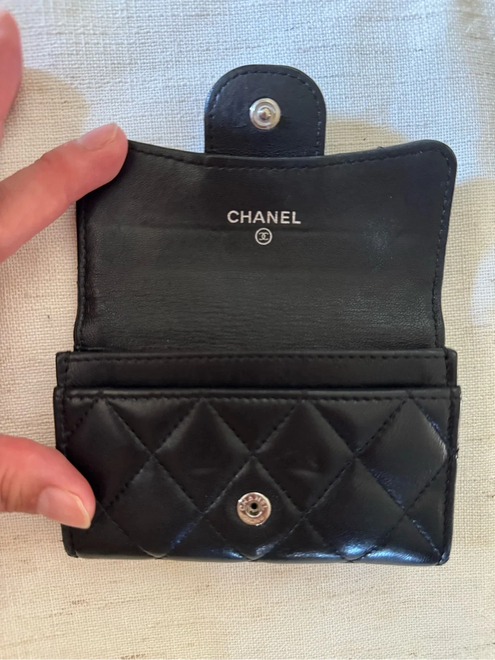 CHANEL Black Quilted Leather Card Case with Silver CC Hardware